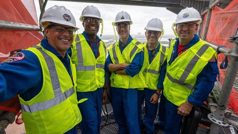 NASA Artemis III crew with backup astronaut Bob Hines visiting Launch Complex 39A in September 2026.