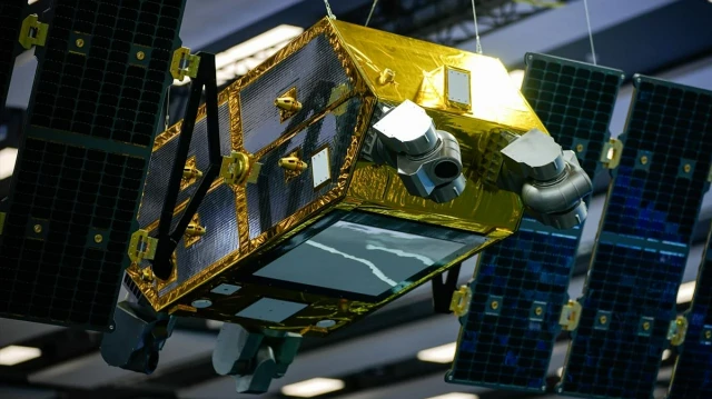 Aselsan Astralink Gökbağı low Earth orbit communications satellite displayed at IAC 2026 in Antalya, Türkiye.