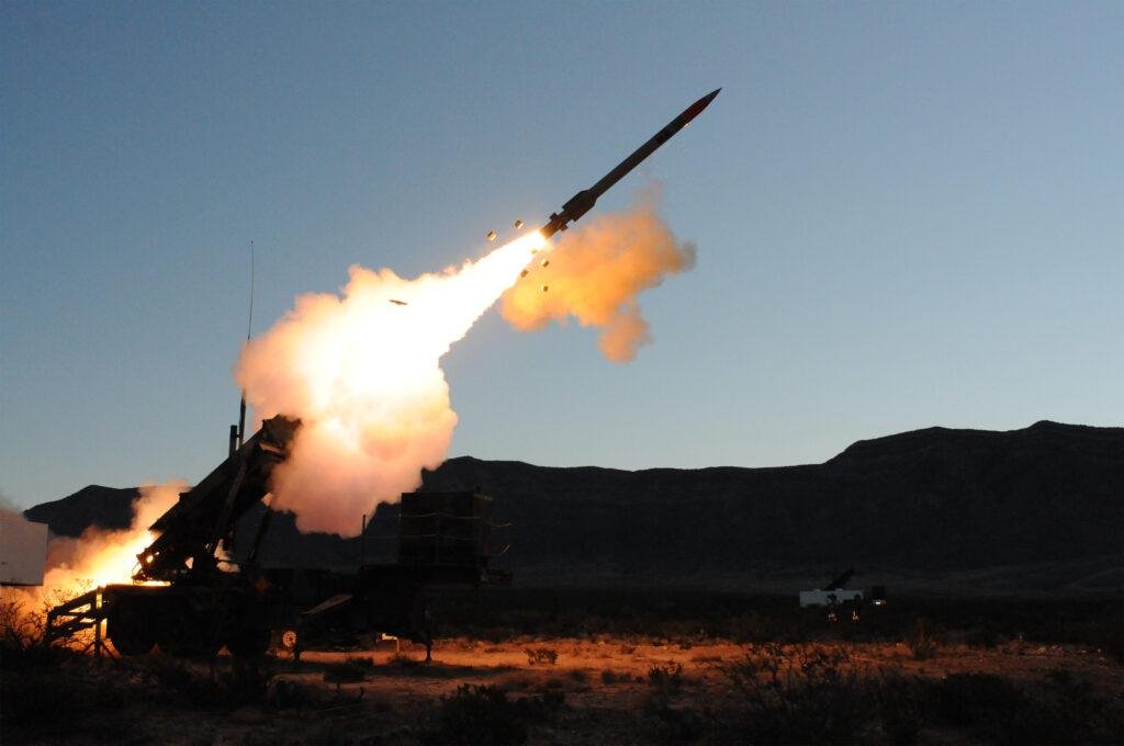 Boeing PAC-3 seekers article illustrated by a Patriot PAC-3 MSE interceptor missile launching from a ground-based launcher.