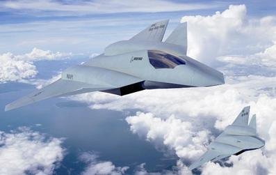 Concept art of two tailless Boeing F/A-XX carrier fighters flying above clouds
