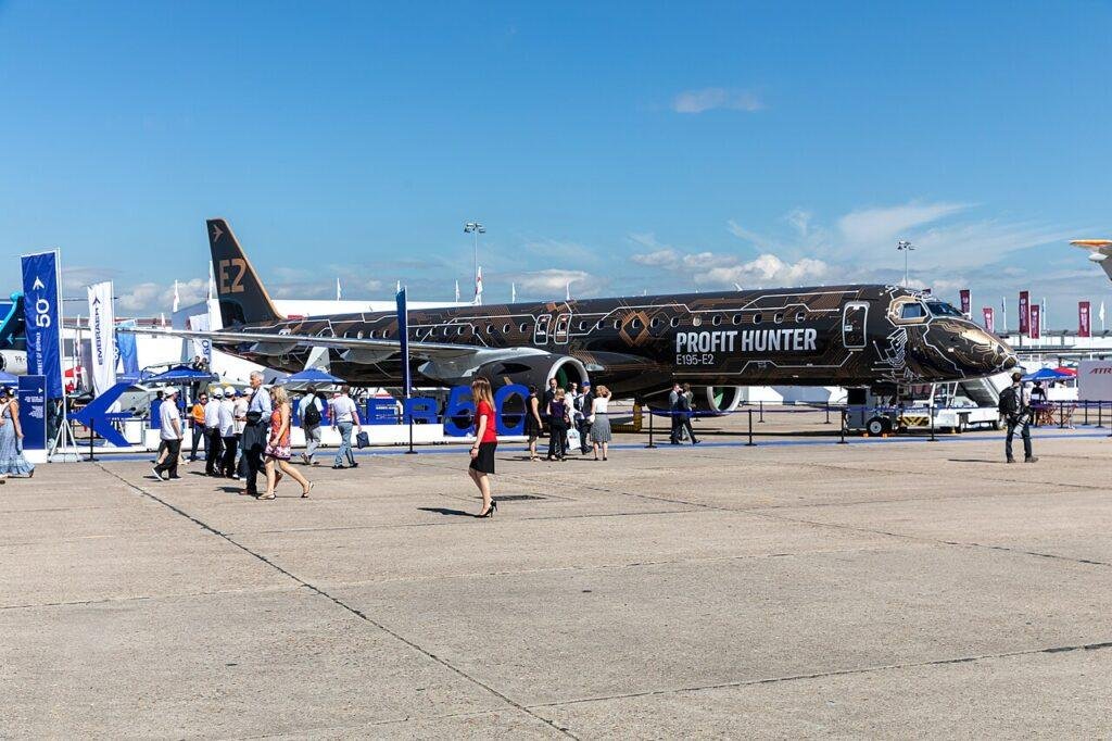 An Embraer E195-E2 passenger jet at the Paris Air Show at Le Bourget in 2019.