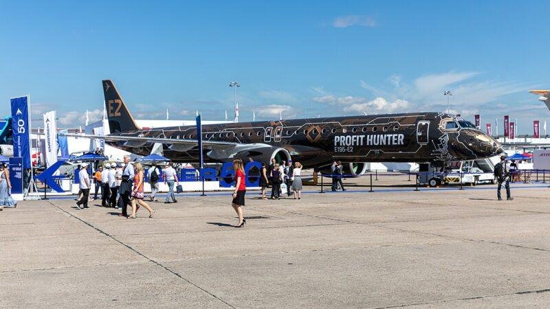 An Embraer E195-E2 passenger jet at the Paris Air Show at Le Bourget in 2019.