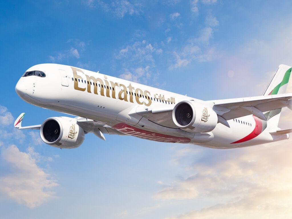 Emirates Airbus A350-900 in flight, a file photo for the Emirates A350 Orlando service
