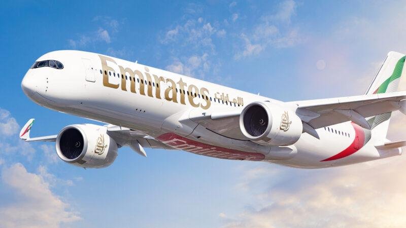 Emirates Airbus A350-900 in flight, a file photo for the Emirates A350 Orlando service