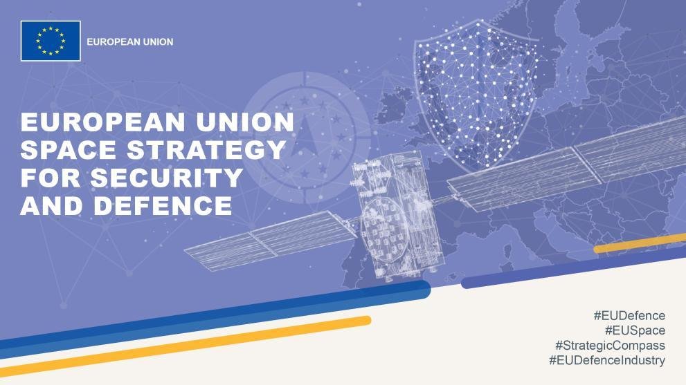 European Union Space Strategy graphic with a satellite and Europe map, used for EU Space Threat Response coverage.