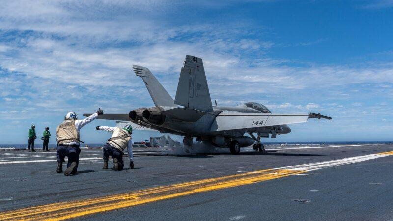 US Navy F/A-18E Super Hornet preparing for launch aboard USS Theodore Roosevelt during flight operations in September 2026