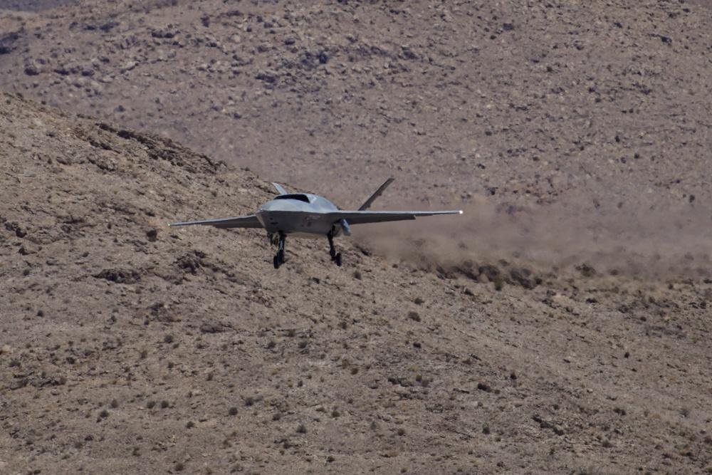 U.S. Air Force YFQ-42A uncrewed combat aircraft approaching landing at Creech Air Force Base in July 2026, illustrating FQ-42 production.