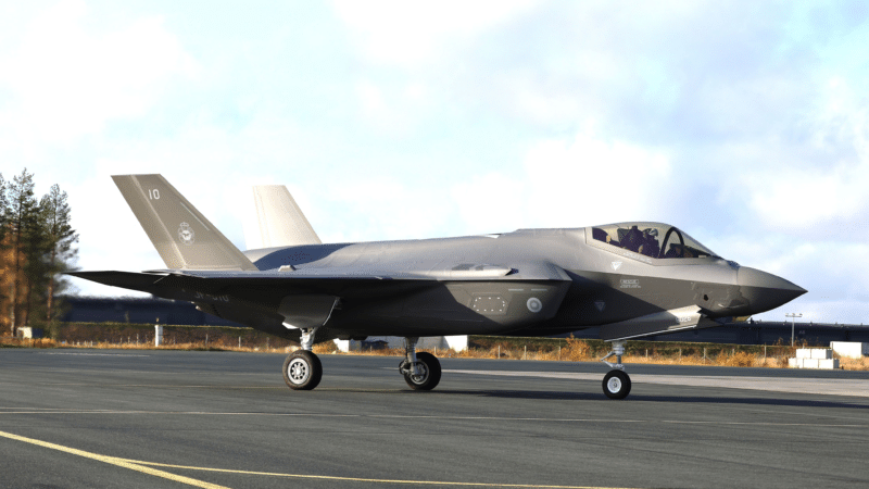 Finland F-35A JF-510 taxis at Lapland Air Wing in Rovaniemi during Finland’s first F-35 arrival ceremony.