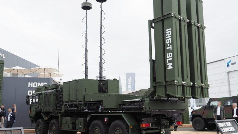 Airbus NATO air defense article featuring an IRIS-T SLM missile launcher displayed at ILA Berlin 2024.