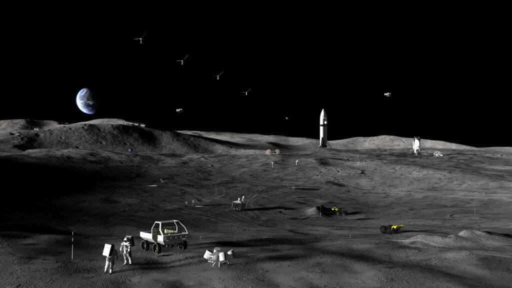 NASA Moon rovers illustrated in a NASA artist's rendering of lunar surface exploration and Moon Base development.