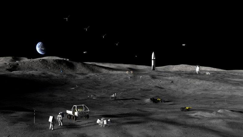 NASA Moon rovers illustrated in a NASA artist's rendering of lunar surface exploration and Moon Base development.