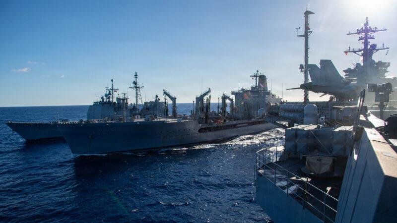 USS Theodore Roosevelt conducts a replenishment at sea with USS Chosin and USNS Tippecanoe in the Pacific Ocean.