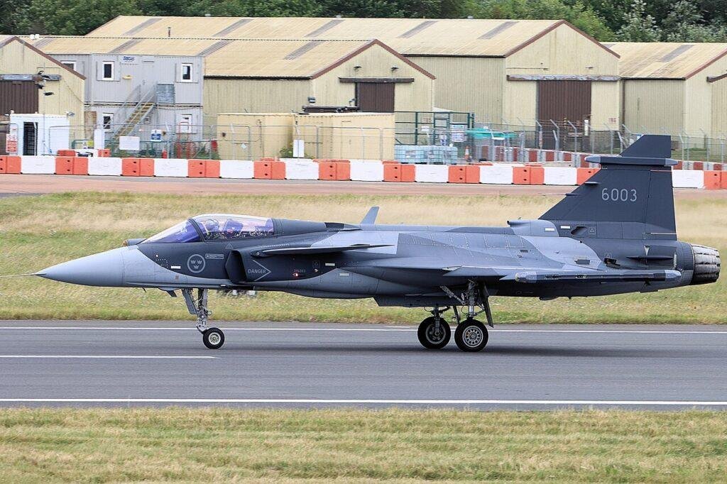 Swedish Saab JAS-39E Gripen fighter displayed at the 2023 Royal International Air Tattoo; not a Ukrainian aircraft or delivery.