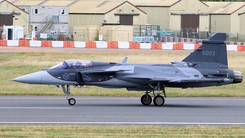 Swedish Saab JAS-39E Gripen fighter displayed at the 2023 Royal International Air Tattoo; not a Ukrainian aircraft or delivery.