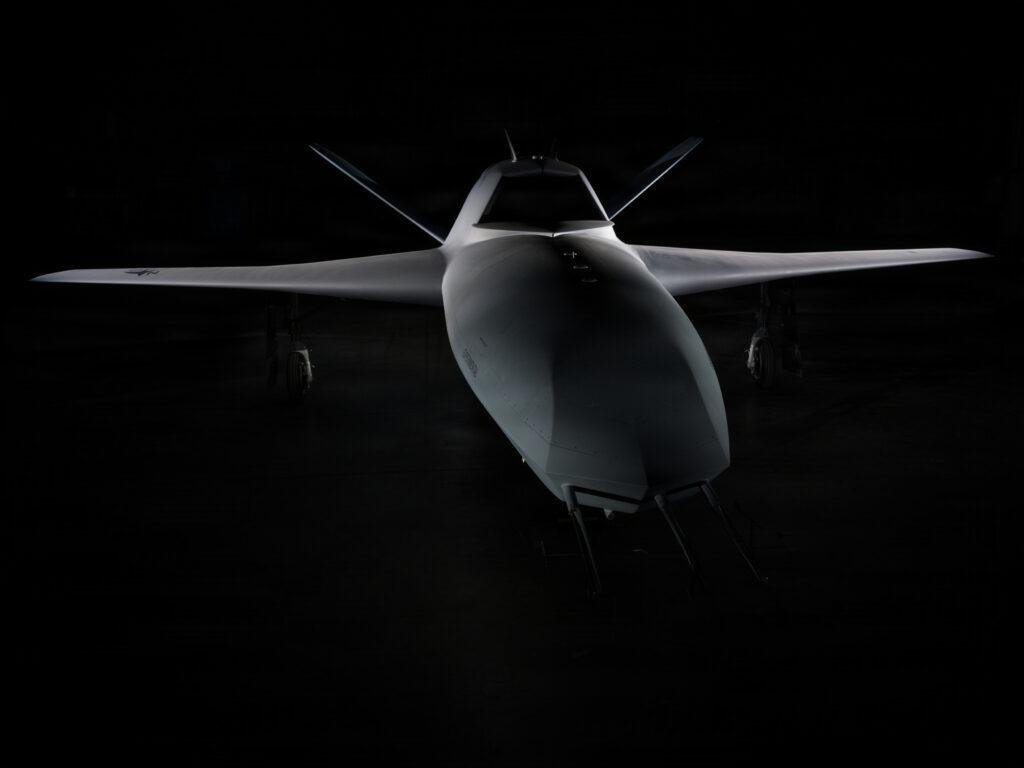 YFQ-48A Talon Blue uncrewed aircraft seen from the front, with swept wings, canted tail fins and "Experimental" marked on the nose