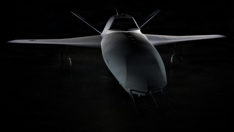 YFQ-48A Talon Blue uncrewed aircraft seen from the front, with swept wings, canted tail fins and "Experimental" marked on the nose