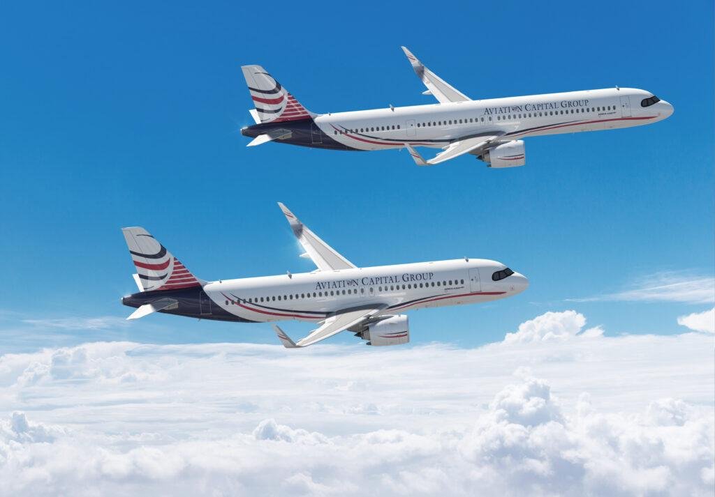 ACG Airbus Order illustrated by two Airbus A320neo-family passenger aircraft in Aviation Capital Group livery flying above clouds.