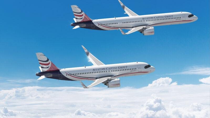 ACG Airbus Order illustrated by two Airbus A320neo-family passenger aircraft in Aviation Capital Group livery flying above clouds.