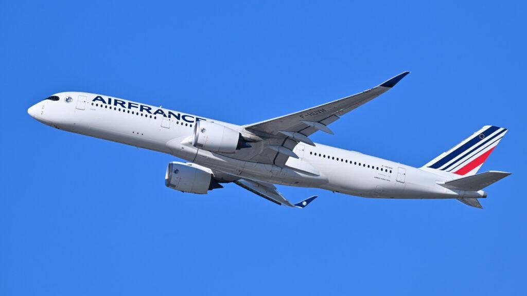 Air France US routes illustrated by an Airbus A350-900 aircraft, registration F-HUVH, departing Boston Logan International Airport.