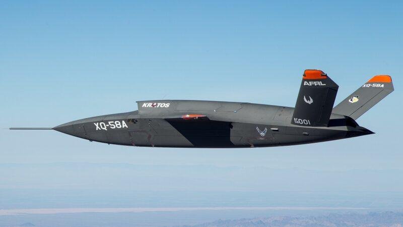 Kratos XQ-58A demonstrator in flight, archival related aircraft photograph for Airbus U740 Valkyrie article