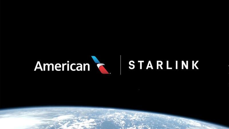 American Airlines Starlink partnership graphic featuring both company logos above Earth, illustrating plans to equip more than 1,000 aircraft with satellite internet.
