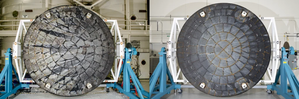 Artemis II Heat Shield review showing side-by-side views of the Orion spacecraft heat shields from Artemis I and Artemis II.