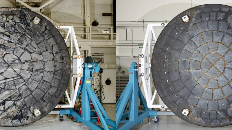 Artemis II Heat Shield review showing side-by-side views of the Orion spacecraft heat shields from Artemis I and Artemis II.