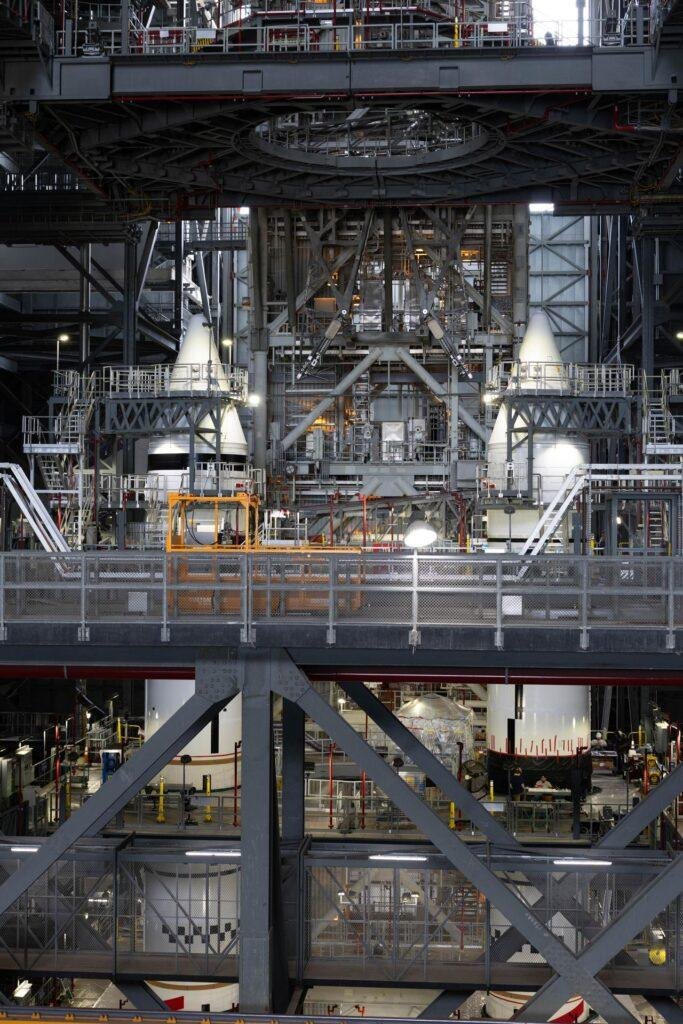 Artemis III Booster stacking inside NASA's Vehicle Assembly Building at Kennedy Space Center ahead of planned rocket tanking tests.