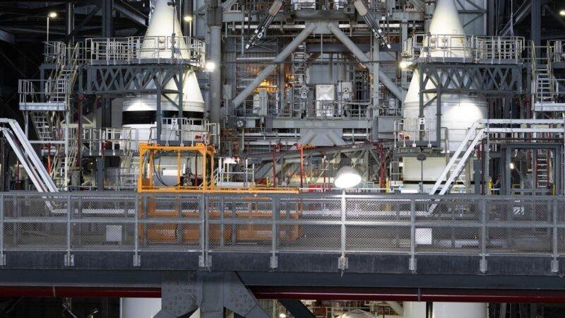 Artemis III Booster stacking inside NASA's Vehicle Assembly Building at Kennedy Space Center ahead of planned rocket tanking tests.