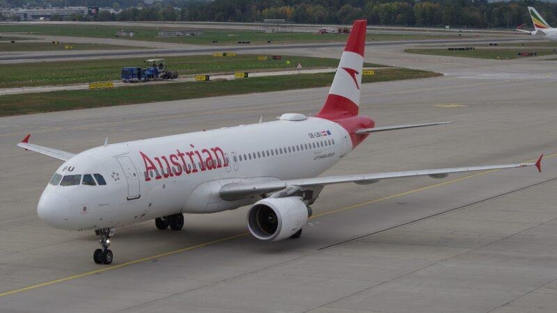 Austrian Flight Diversion illustrated by an Austrian Airlines Airbus A320-214, registration OE-LBU, at Zurich Airport.