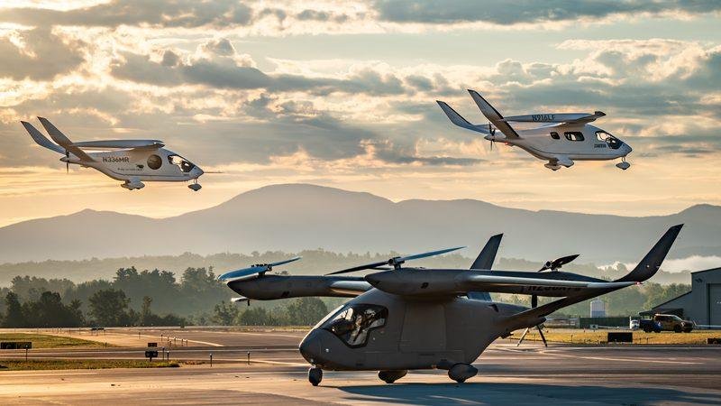 BETA Technologies A250 and CX300 electric aircraft flying above an airfield at sunset, with another aircraft on the ground