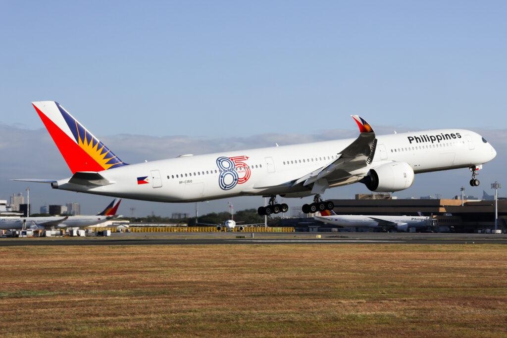 Philippine Airlines Airbus A350-1000 RP-C3510 landing at Manila Airport in March 2026.