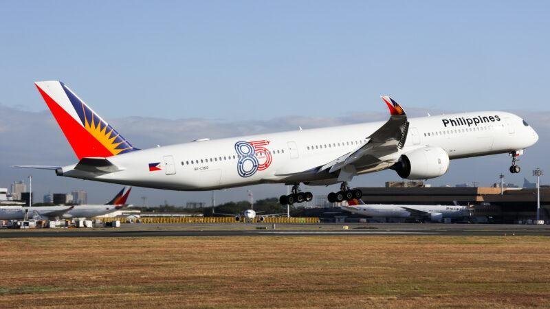 Philippine Airlines Airbus A350-1000 RP-C3510 landing at Manila Airport in March 2026.
