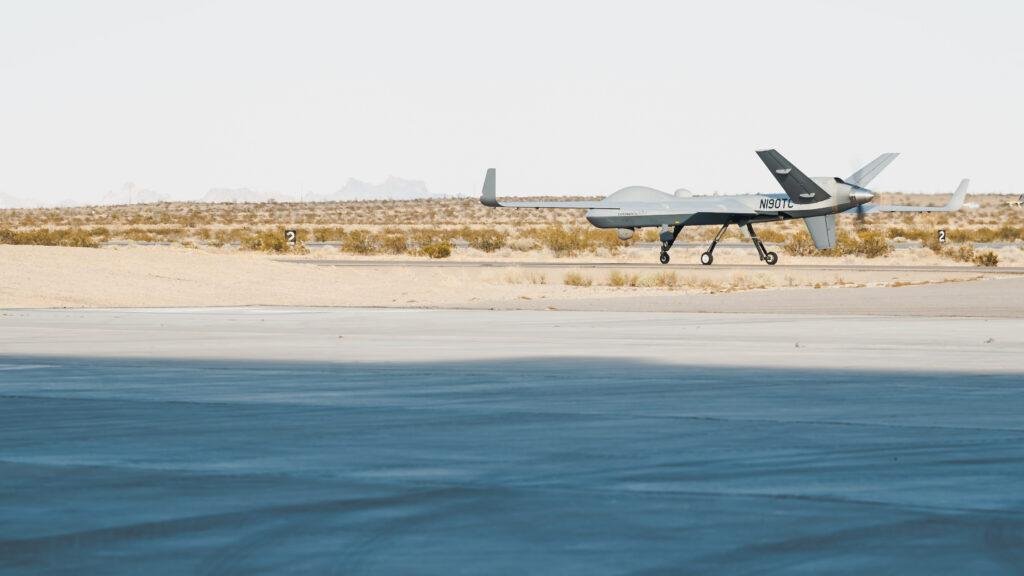 General Atomics MQ-9B demonstrator N190TC on a desert runway, illustrating the Coast Guard MQ-9B aircraft acquisition.