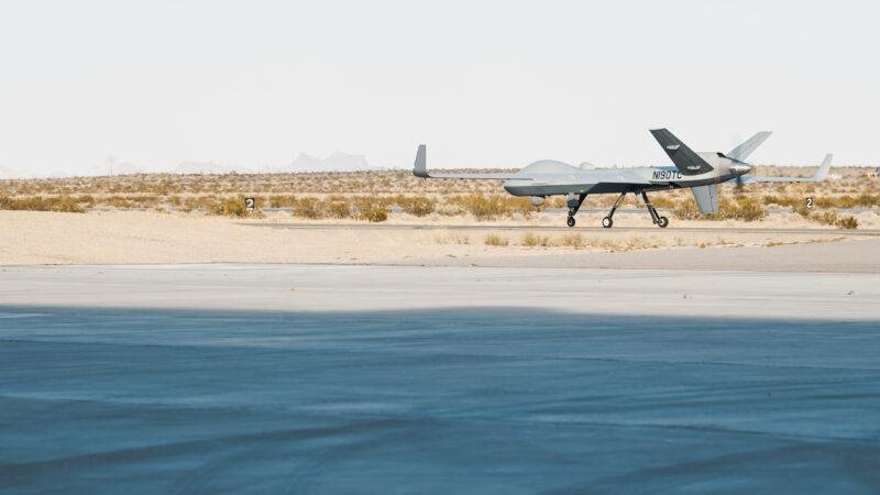General Atomics MQ-9B demonstrator N190TC on a desert runway, illustrating the Coast Guard MQ-9B aircraft acquisition.