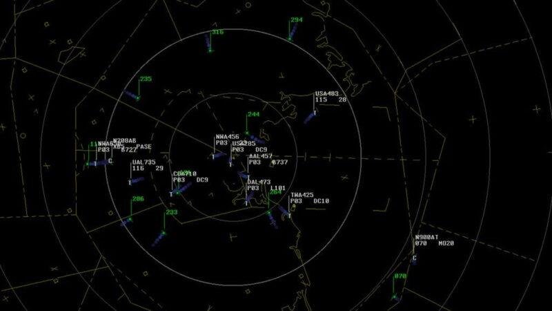 Collins Aerospace Tower MicroELITE air traffic surveillance display showing tracked aircraft positions and flight data