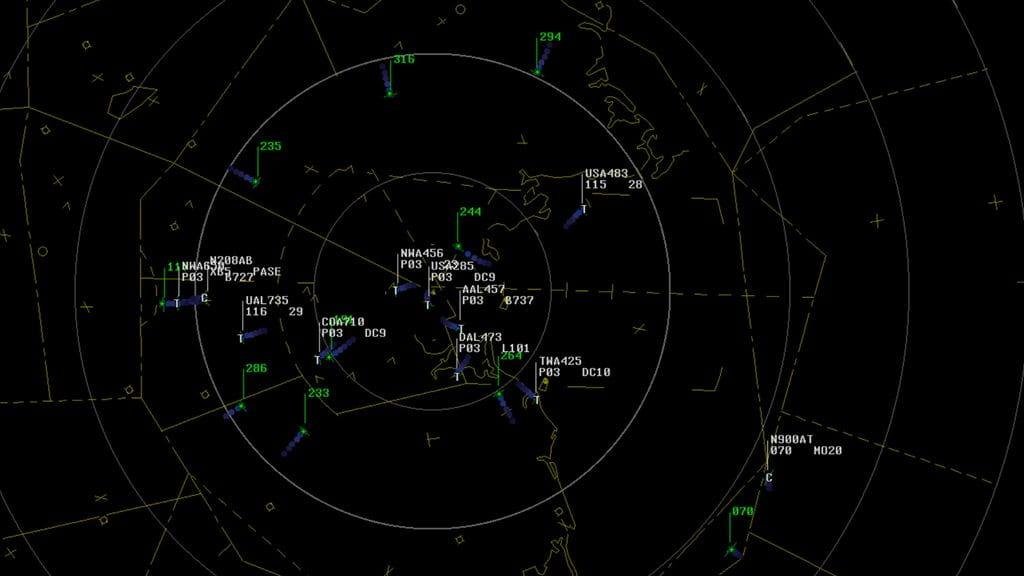 Collins Aerospace Tower MicroELITE air traffic surveillance display showing tracked aircraft positions and flight data