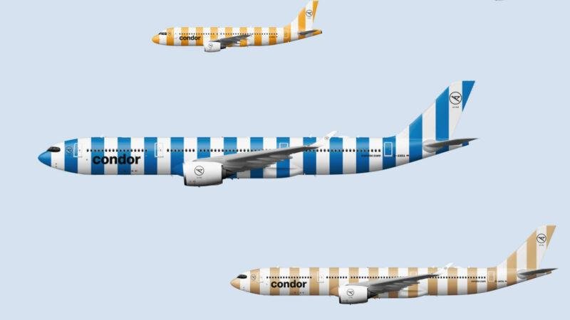 Condor Abu Dhabi Flights illustrated by Condor aircraft in the airline's multicolored striped liveries.