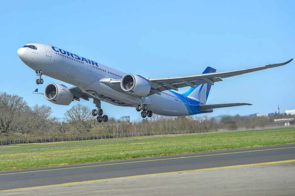 Corsair Airbus A330-900 taking off from Nantes Atlantique Airport in France in February 2026.