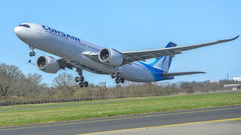 Corsair Airbus A330-900 taking off from Nantes Atlantique Airport in France in February 2026.