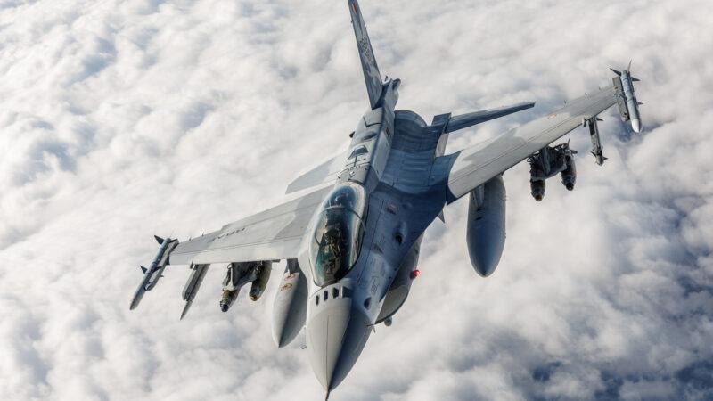 F-16 Block 70 fighter taking fuel from a KC-135 tanker during a test flight from Edwards Air Force Base