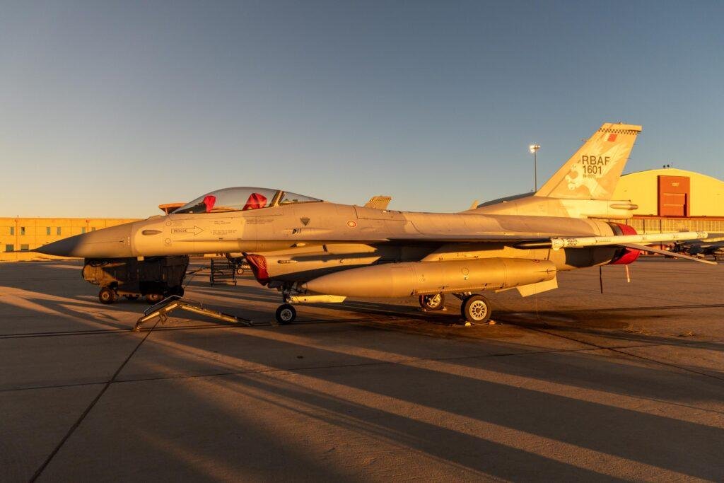 F-16 Block 70 fighter in flight during testing of the Viper Shield electronic warfare suite