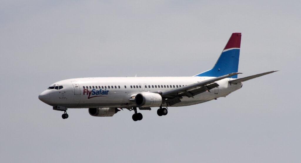 FlySafair Boeing 737-400 aircraft ZS-JRE landing at George Airport in South Africa in December 2014