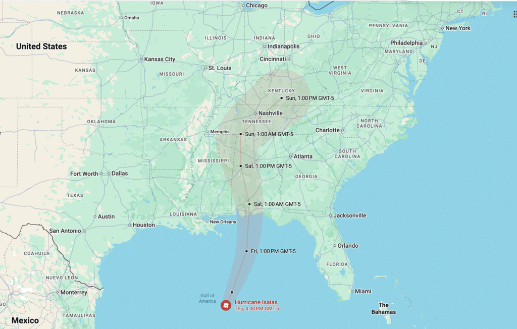 Hurricane Isaias aircraft evacuations article illustrated by a forecast map showing the storm's projected path from the Gulf Coast through the southeastern United States.