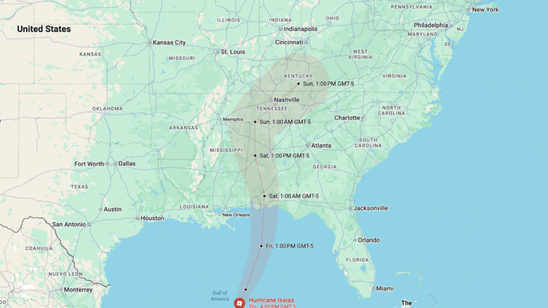 Hurricane Isaias aircraft evacuations article illustrated by a forecast map showing the storm's projected path from the Gulf Coast through the southeastern United States.