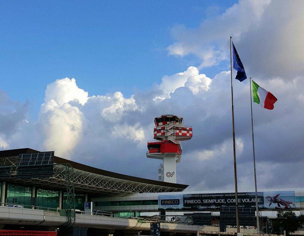 Italy Air Traffic control infrastructure illustrated by the ENAV control tower at Rome Fiumicino Airport.