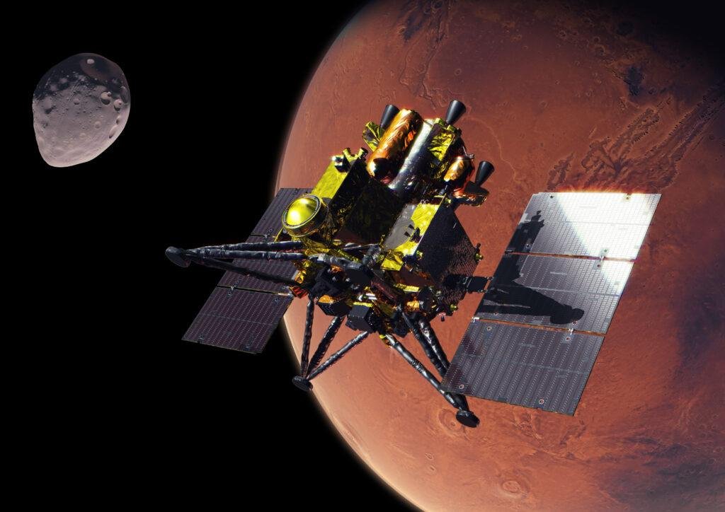 Artist's illustration of JAXA's Martian Moons eXploration (MMX) spacecraft with deployed solar arrays.