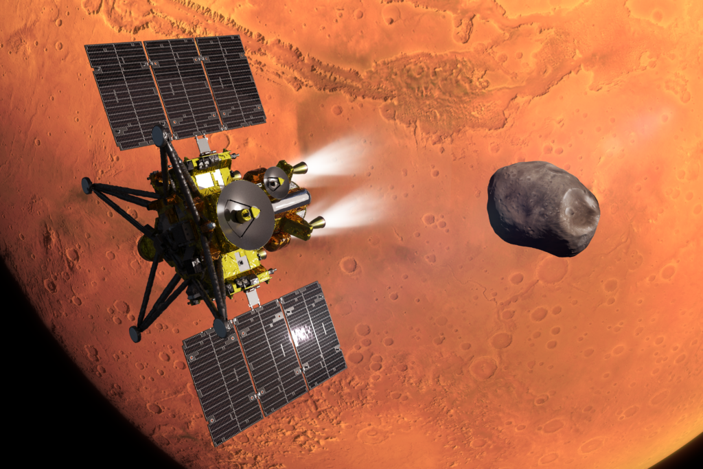 JAXA MMX Mission artist's illustration showing the Martian Moons eXploration spacecraft approaching Phobos above the surface of Mars.