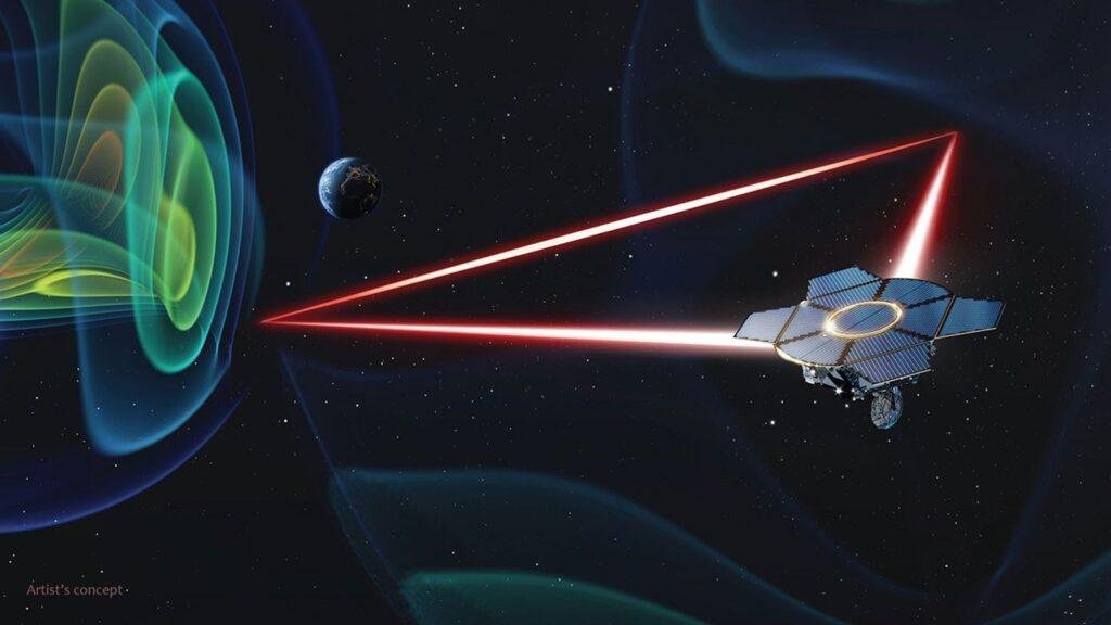 LISA test telescope mission artist's illustration showing a spacecraft, laser measurement links, and gravitational waves traveling through space.
