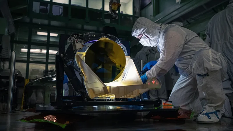 LISA test telescope prototype undergoing inspection by a NASA technician inside a clean room at Goddard Space Flight Center.